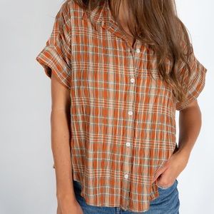 Rust plaid boho button down shirt Natural Life size L (fits like XL)